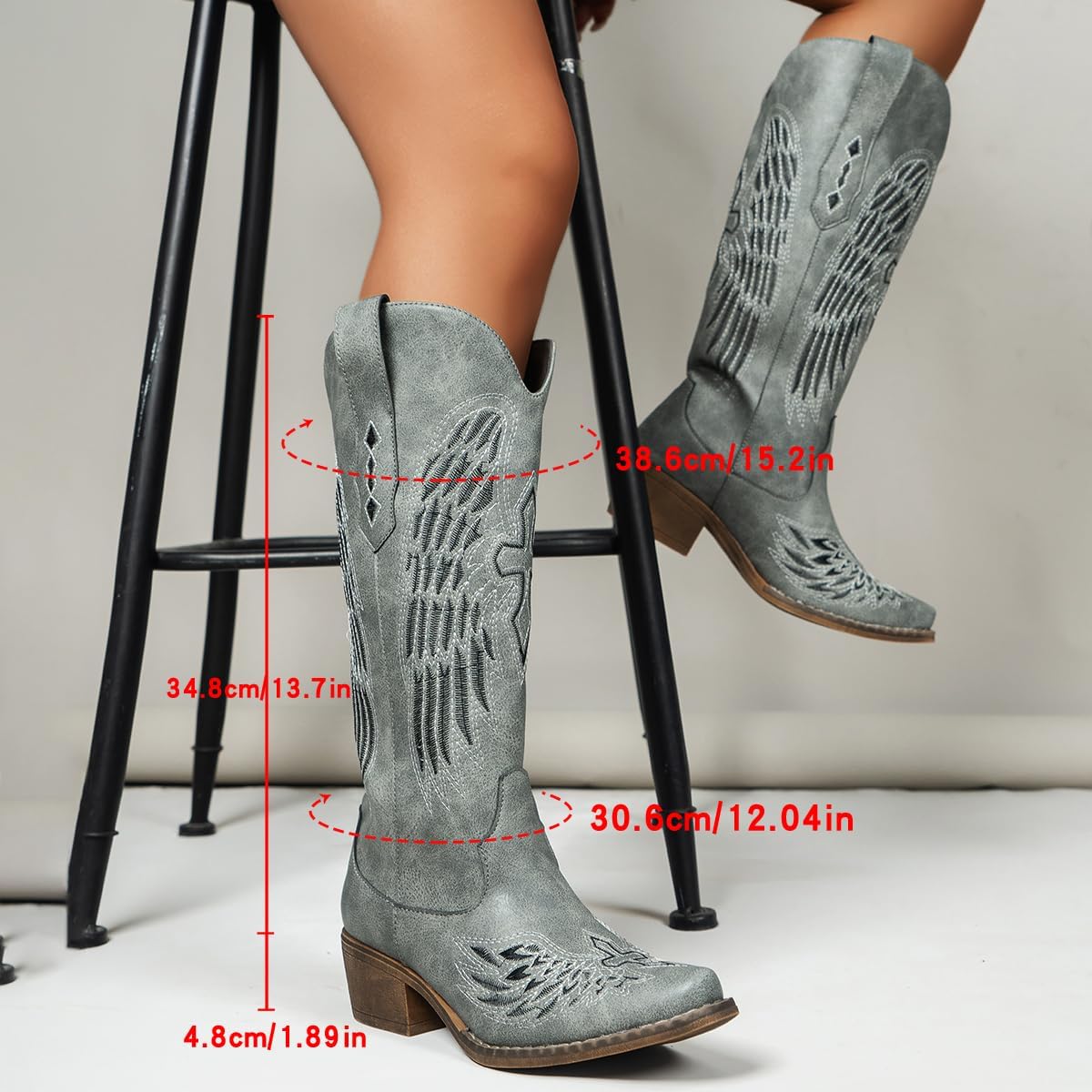 Women's Western Cowboy Boots - Black Gothic Cross & Angel Wing Embroidered Mid Calf Boots, Y2K Vintage Pointed Toe Biker Cowgirl Boots for Concert Festival