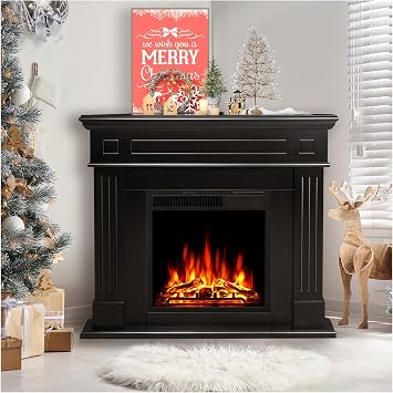 44" Corner Electric Fireplace with Mantel Package Freestanding Fireplace Heater Corner Firebox with Log & Remote Control,750-1500W,Black