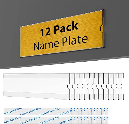 TONICE Paquete de 12 soportes acrílicos para placa de identificación de escritorio de 2 x 8 pulgadas, soportes acrílicos para placa de