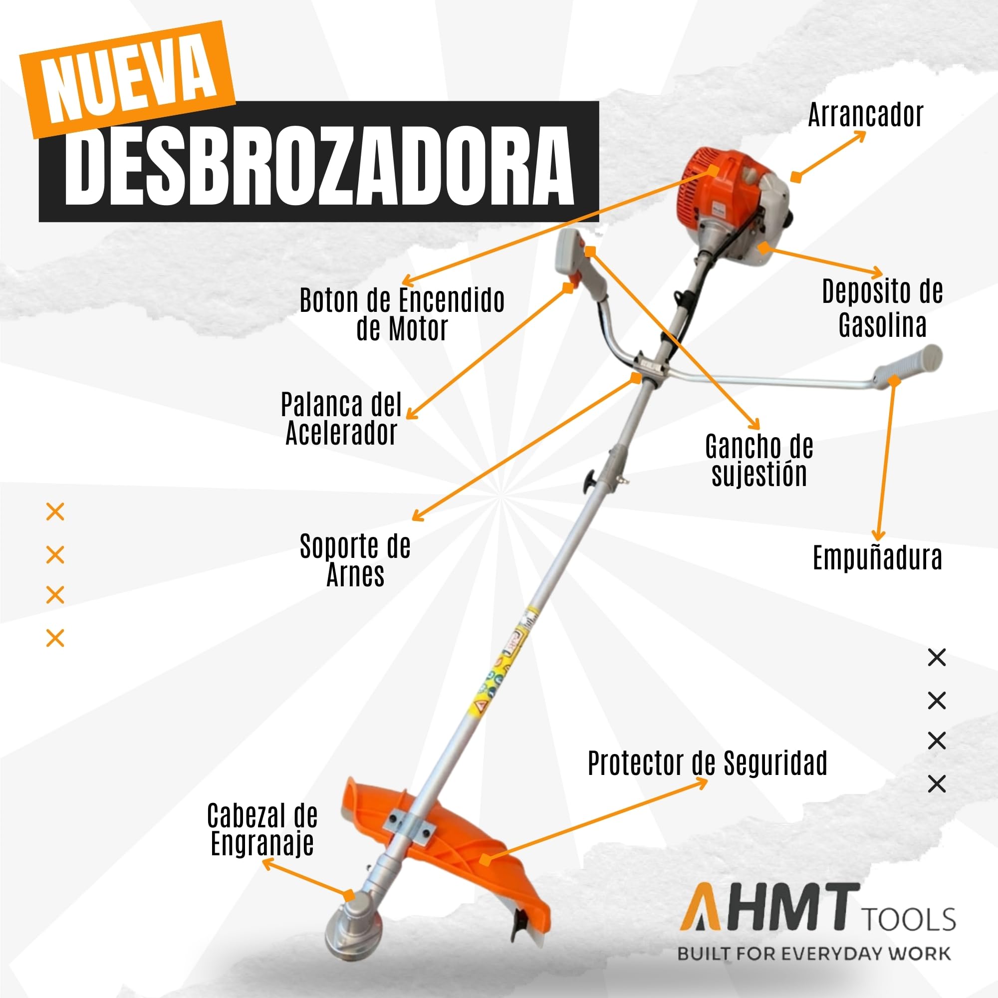 Desbrozadora Gasolina 52cc 2 Tiempos 51.7cc – Cortabordes Potente para Hierba Alta y Maleza, Incluye Cuchilla Metálica y Cabezal Nylon, Arnés Profesional para Jardín y Fincas
