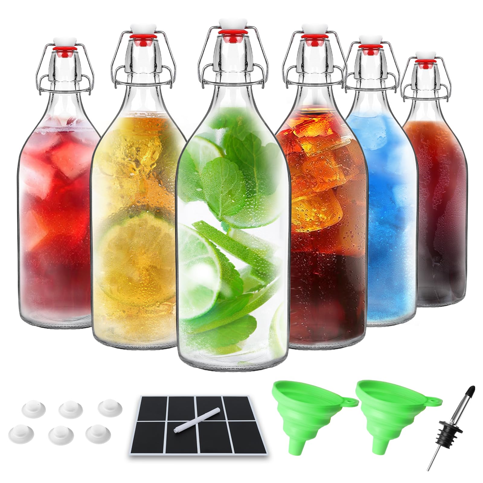 6Pack 32oz Glass Swing Top Bottles – Airtight Flip Top Glass Bottles with Extra Caps for Kombucha, Home Brewing, Beverages, Oil, Vinegar, Water, Soda, Kefir