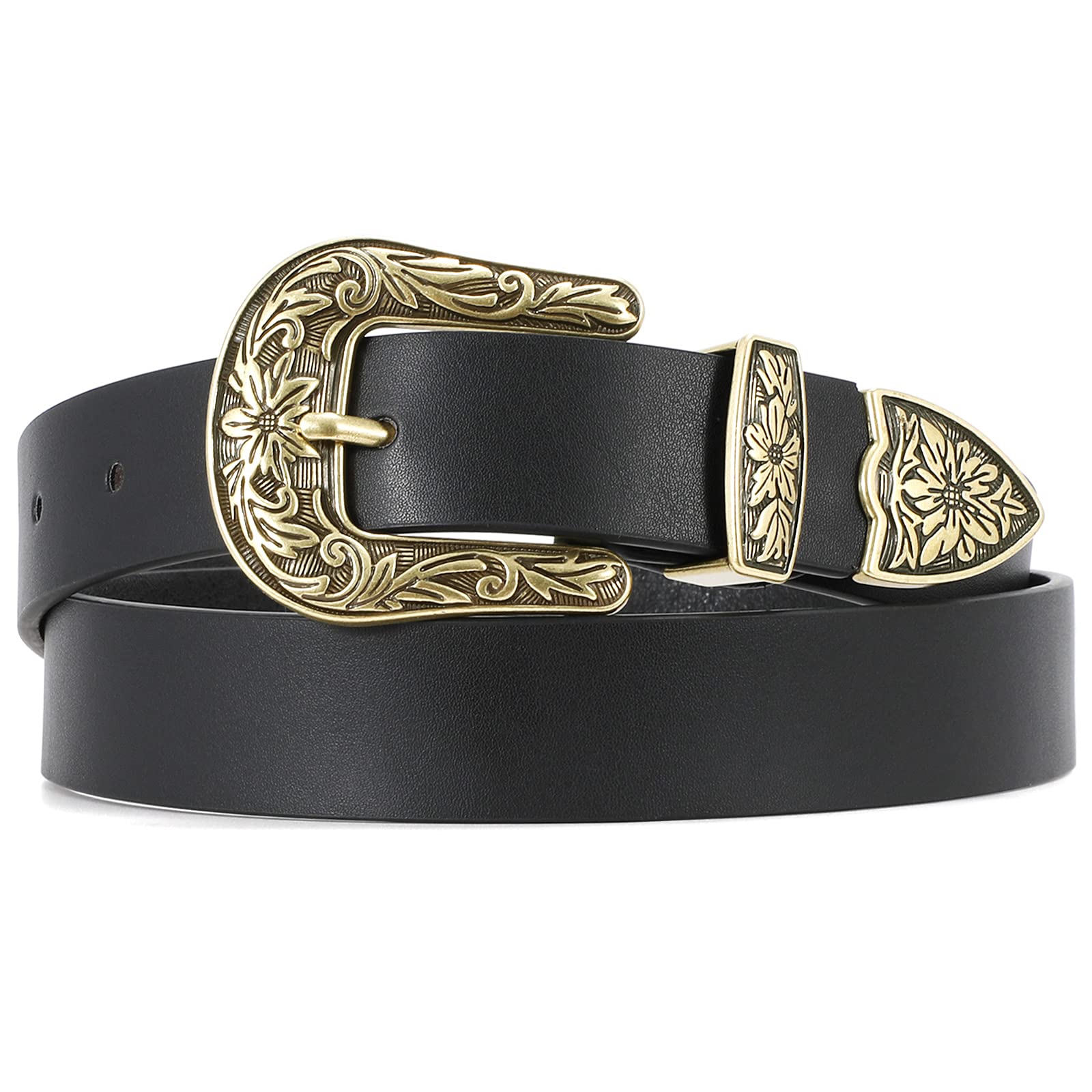 Photo 1 of WHIPPY Western Belts for Women - Vintage Western Design Ladies Cowgirl Waist Belt for Pants Jeans Dresses, Gold Buckle Black, S