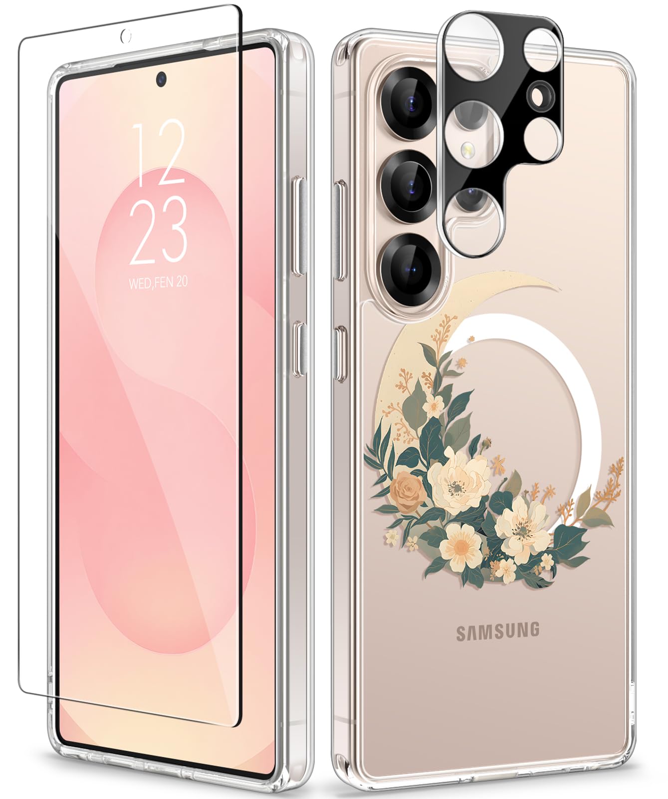 GVIEWIN for Samsung Galaxy S25 Ultra Case 6.9", [Compatible with Magsafe][Screen & Camera Lens Protector] Transparent Clear Slim Shockproof Protective Women Phone Cover for S25 Ultra 2025, Moonflower