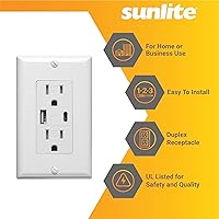 Vista 4 de Sunlite 08154 Cargador USB y receptáculo dúplex, puertos USB-A/C, CC 4.8A 5A, 15A-125VAC, estilo decorador, resistente a manipulaciones, blanco