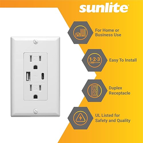 Miniatura 4 de Sunlite 08154 Cargador USB y receptáculo dúplex, puertos USB-AC, CC 4.8A 5A, 15A-125VAC, estilo decorador, resistente a manipulaciones, blanco con