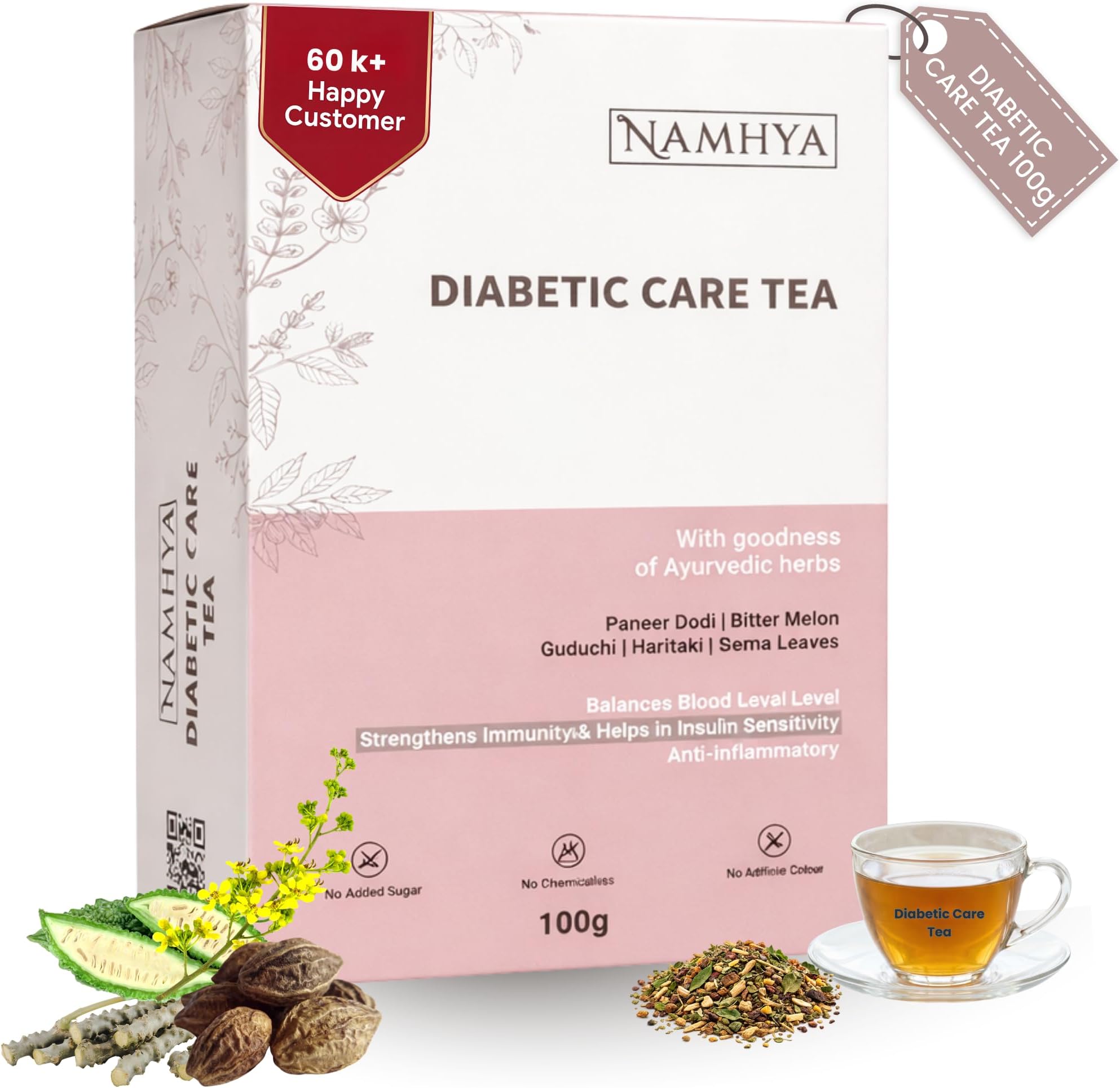 Diabetic Care Tea with Super Herb Paneer DODI and other Ayurvedic herbs, Bitter Melon, Guduchi, Haritaki etc for Regulating Blood Sugar Levels, Strengthens Immunity, (Loose Tea leaves)