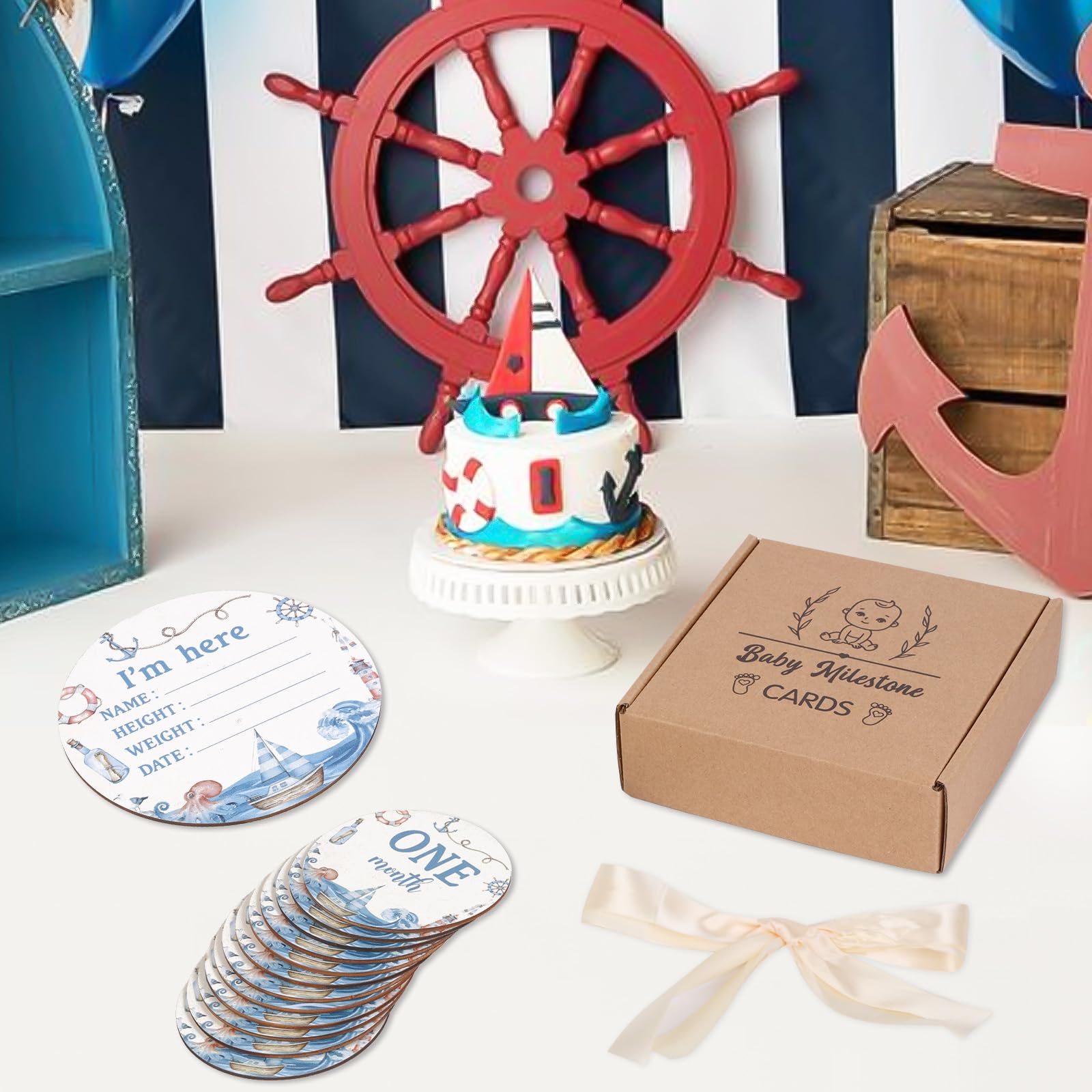 Sursurprise Nautical Milestone Cards, Baby Monthly Milestone Markers, Wooden Milestone Cards, 13PCS Nautical Double Sided Hello World Newborn 1-12 Months Circles Discs Signs Props