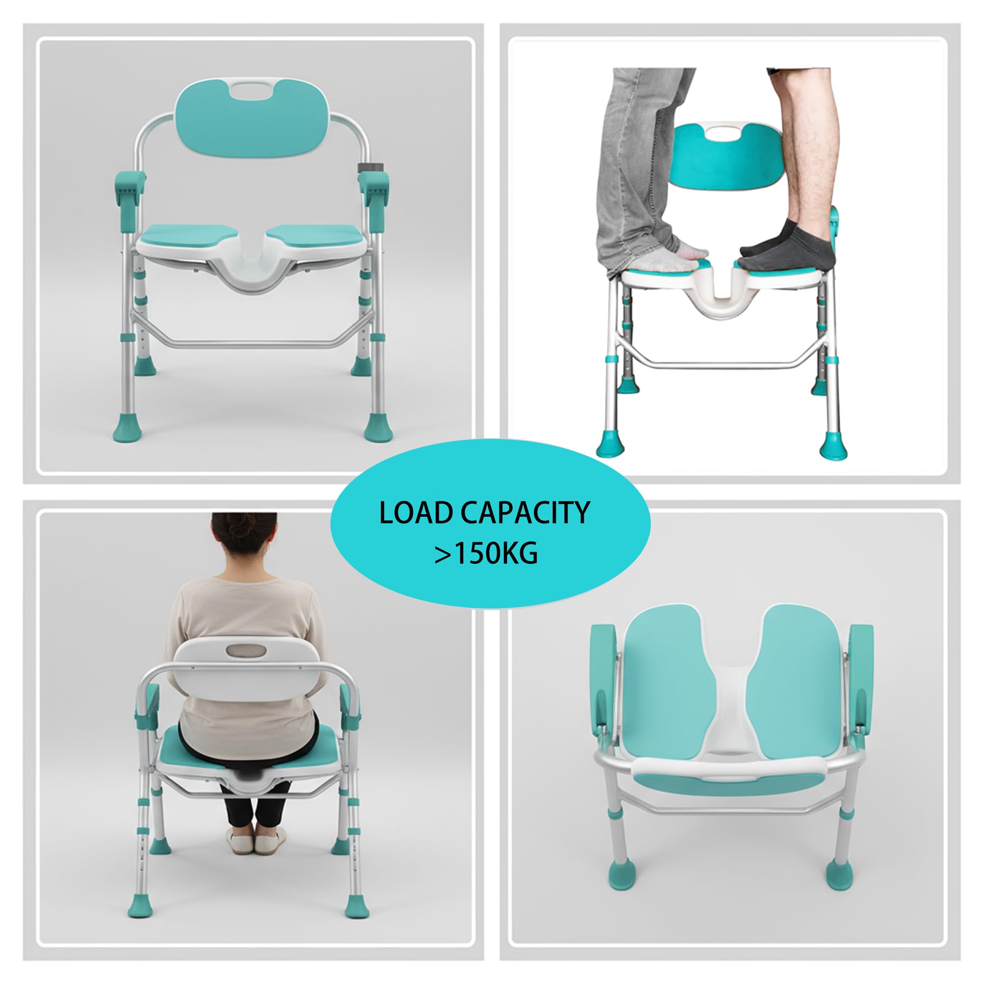 Silla de ducha plegable con brazos y respaldos, asiento en forma de U 3D, altura ajustable y asiento interior antideslizante para discapacitados, ancianos, futuras madres y adultos