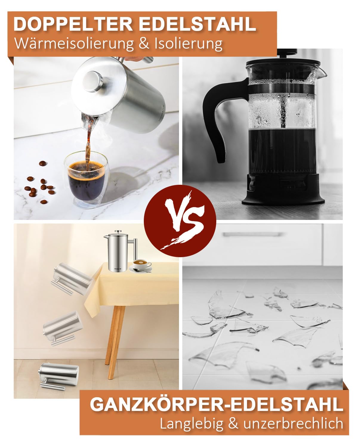 French Press Kaffeebereiter Edelstahl 350 ml/2Tassen, French Press Thermo, doppelwandig isoliert - 0,35 Liter