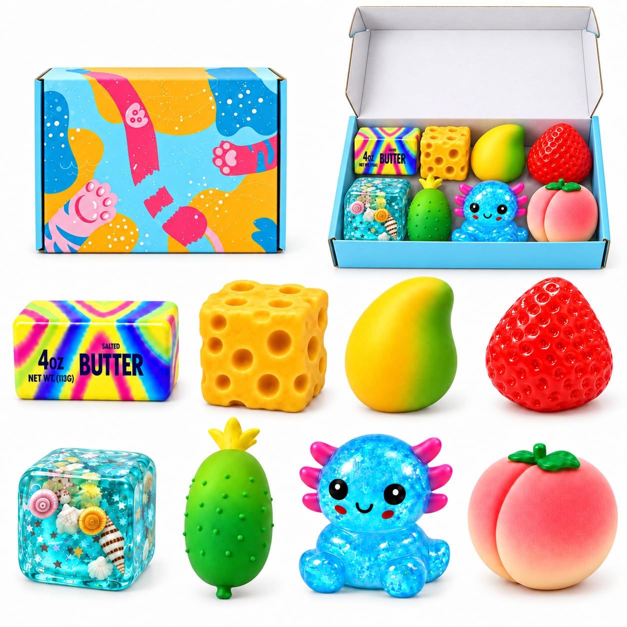 8 Pack Squishy Toys Gift Set, Fruit, Cheese & Axolotl Squeeze Toys
