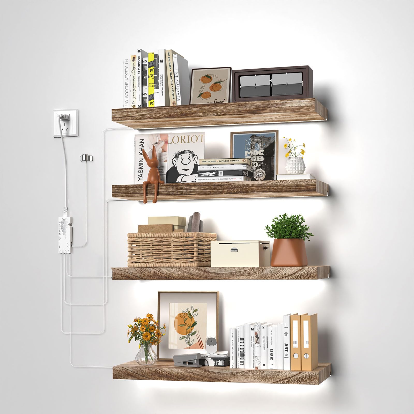 CUBITOR 15.8" Floating Shelves,Invisible Wall Mounted Display Wooden Shelves with 6000K Dimmable Wired Recessed LED Light Bar,for Living Room Bedroom