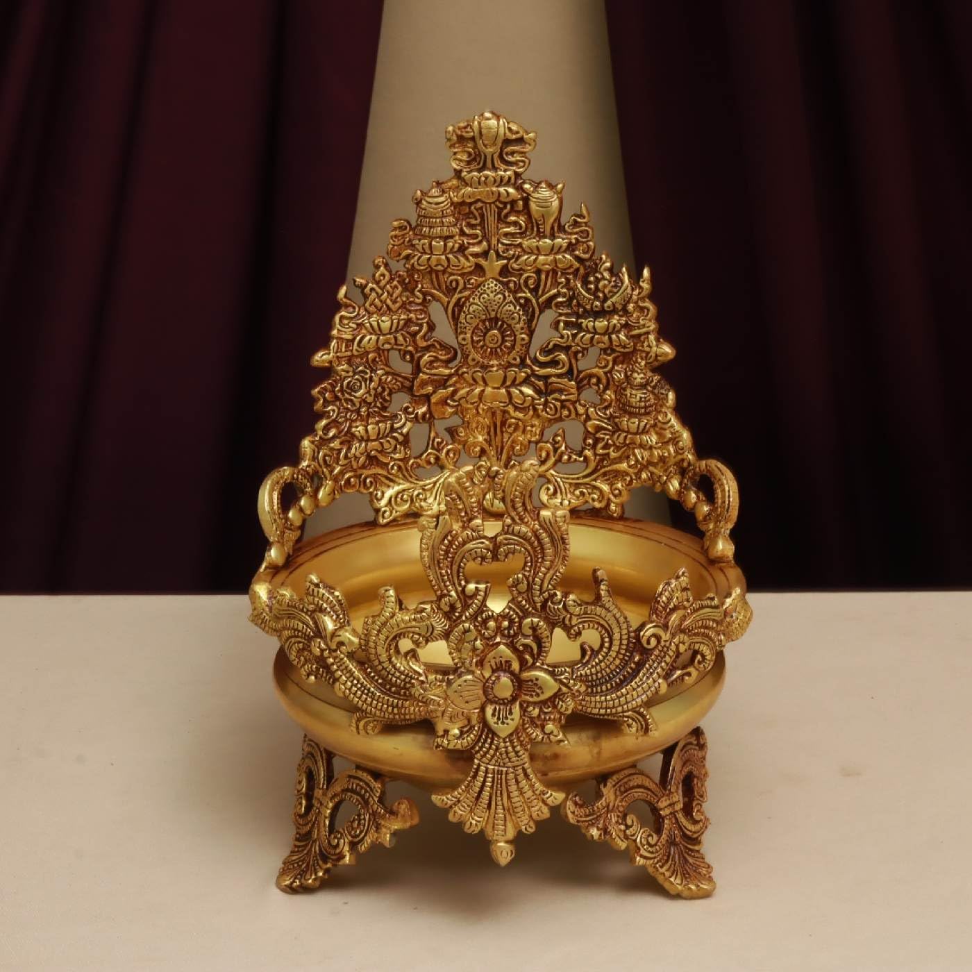 Pure Brass Decorative Urli Bowl, 11.3 Inch Traditional Centrepiece with Ornate Temple-Style Backplate, Floral Motifs and Pedestal Legs for Pooja Room, Entrance and Home Décor, 28.7 x 20.3 x 20.3 cm-image-49