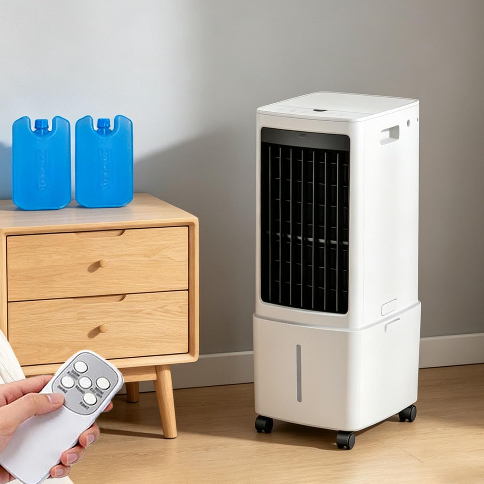 LaYiQimn Air Cooler,Evaporative Air Cooler, Portable Cooler with Water Reservoir, Remote Control, 7.5H Timer, 3 Fan Speeds, Ice Containers, Humidifier, Silent Operation