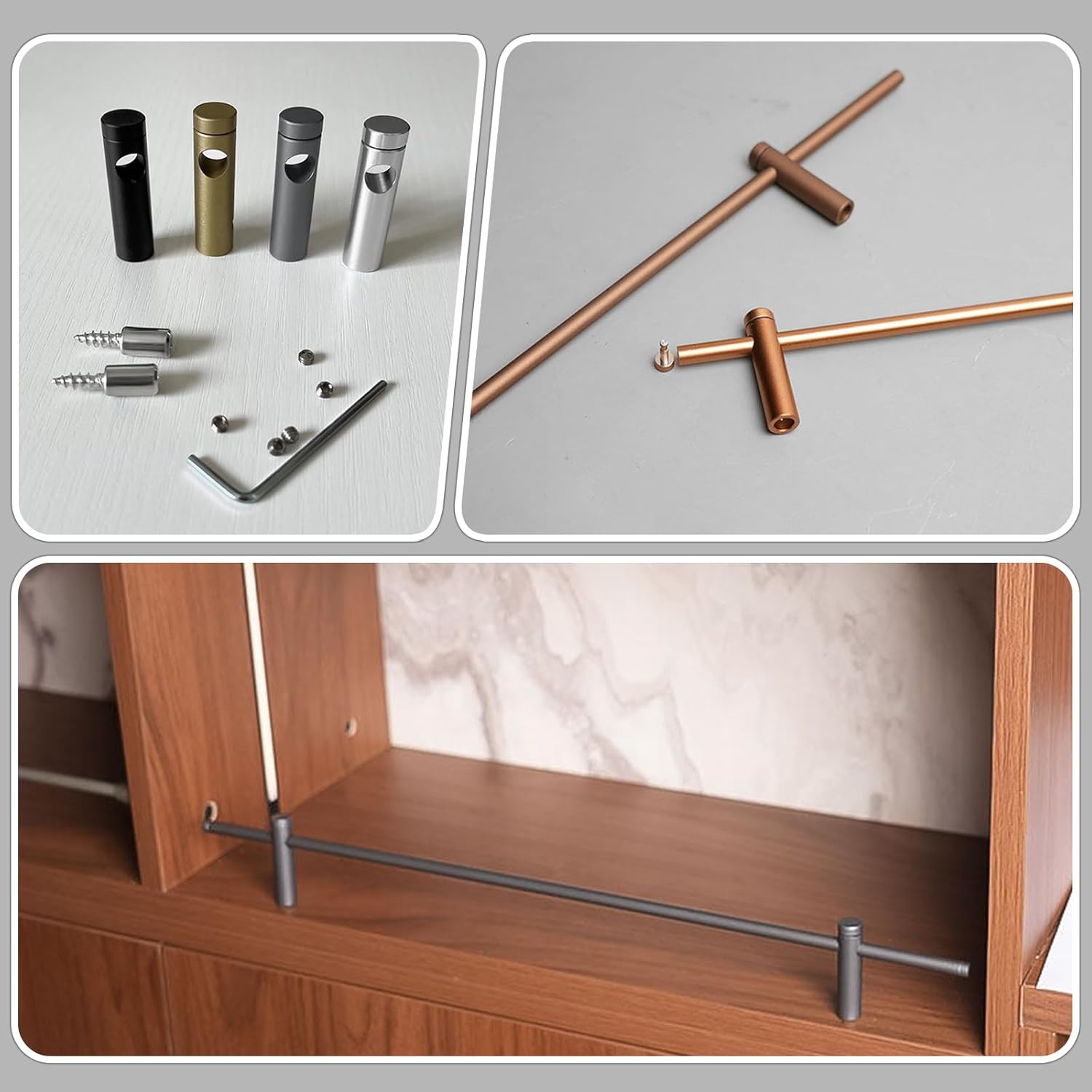 Metal Shelf Rail for Wood Shelves, 14~36 Inch Long Aluminum Alloy Round Tube Barrier Decorative Rod Anti-Fall Guard Fence for Bookshelf, Shoe Racks, Kitchen Cabinets.10Pack