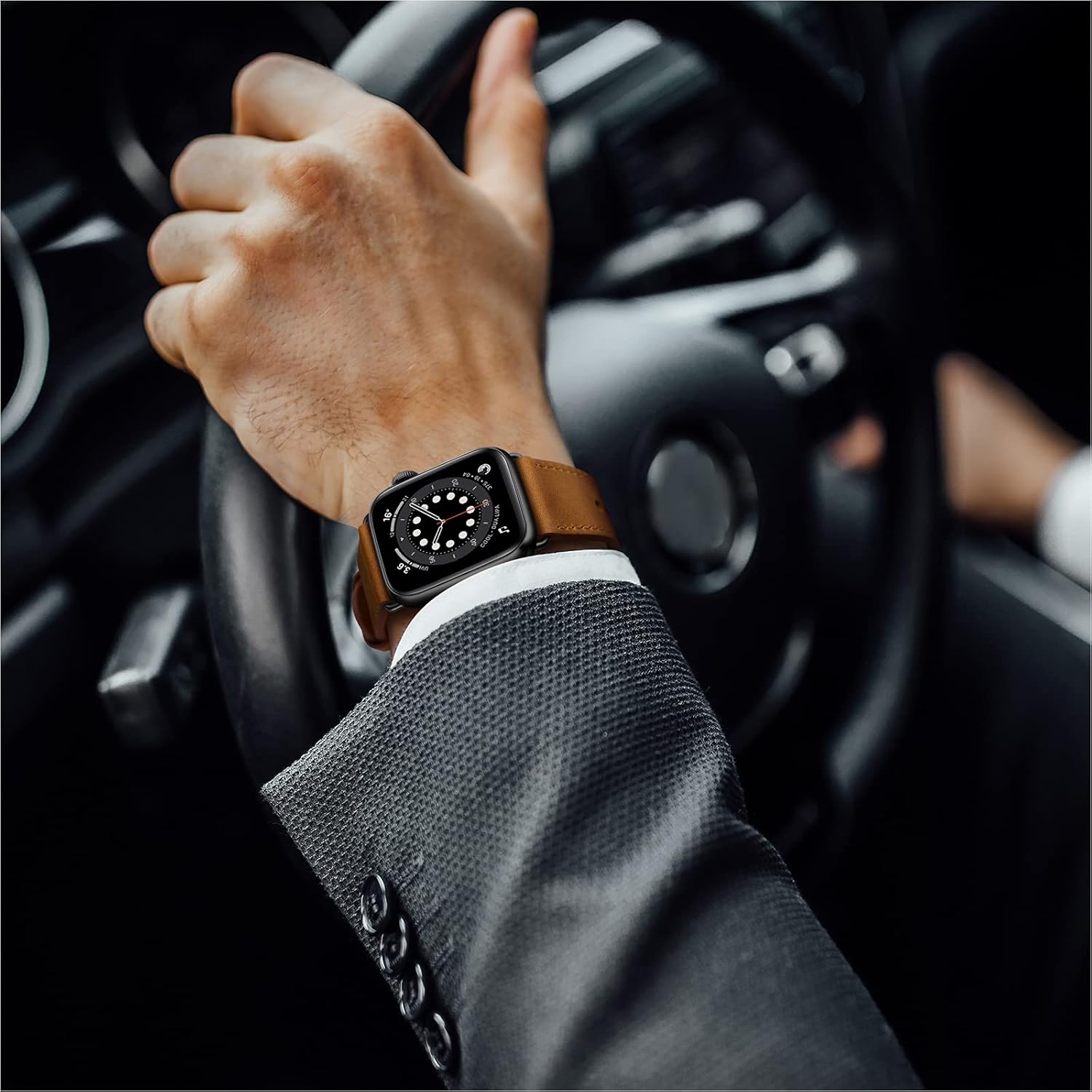 OUHENG Compatible with Apple Watch Band 45mm 44mm 42mm 41mm 40mm 38mm, Genuine Leather Bands Replacement Strap for iWatch SE Series 7 6 5 4 3 2 1 (Retro Brown Black, 45mm 44mm 42mm) Image