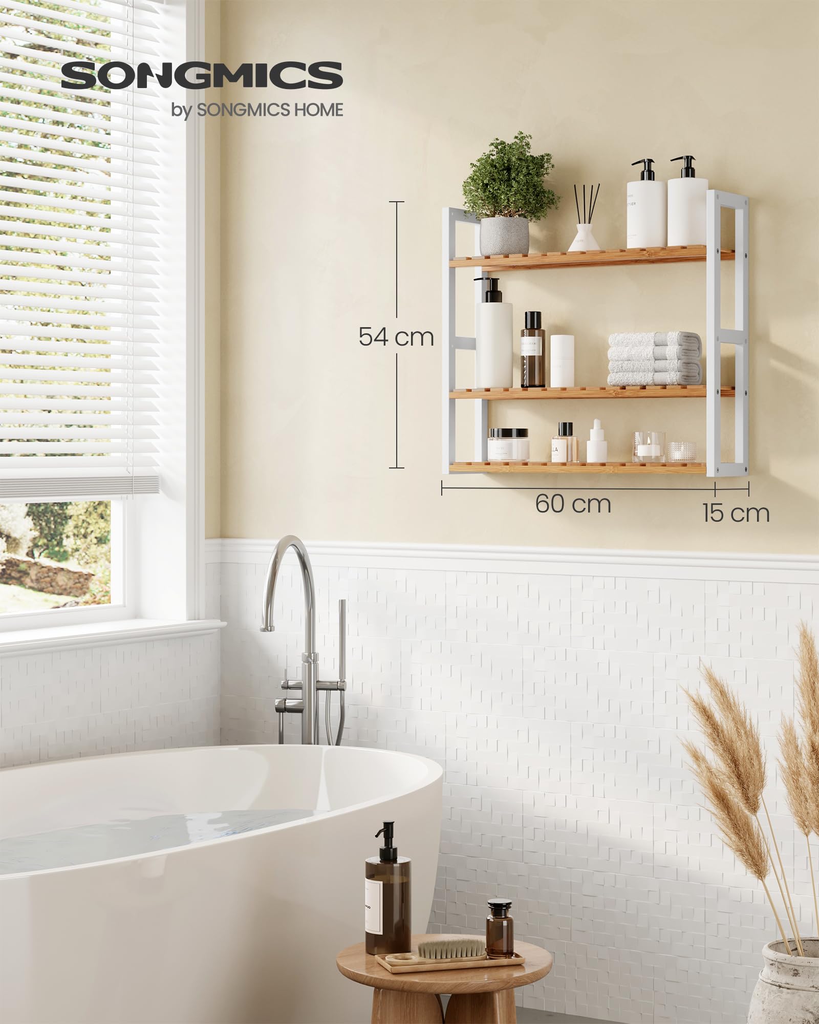 SONGMICS Estante Baño de 3 Niveles, Pared o de Pie, 60 x 15 x 54 cm
