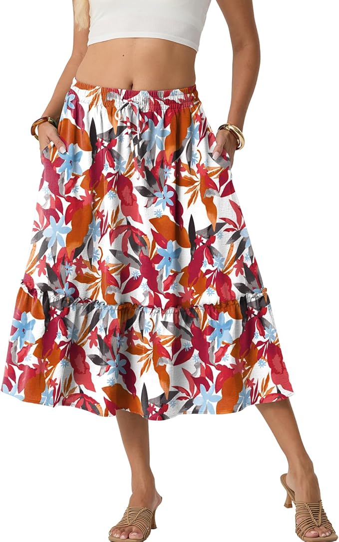 FREEOAK Skirts for Women High Waisted Tiered A Line Midi Skirt Knee Length Summer Skirts Drawstring with Pockets