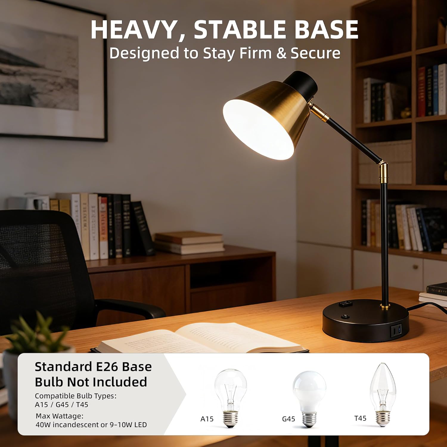 Modern Desk Lamp with USB & AC Outlet, Adjustable Industrial Table Lamp, Heavy Base, 270° Swivel, E26 Socket for A15/G45/T45 Bulbs, Bedside Lamp for Bedroom, Office, Living Room (Bulb Not Included)
