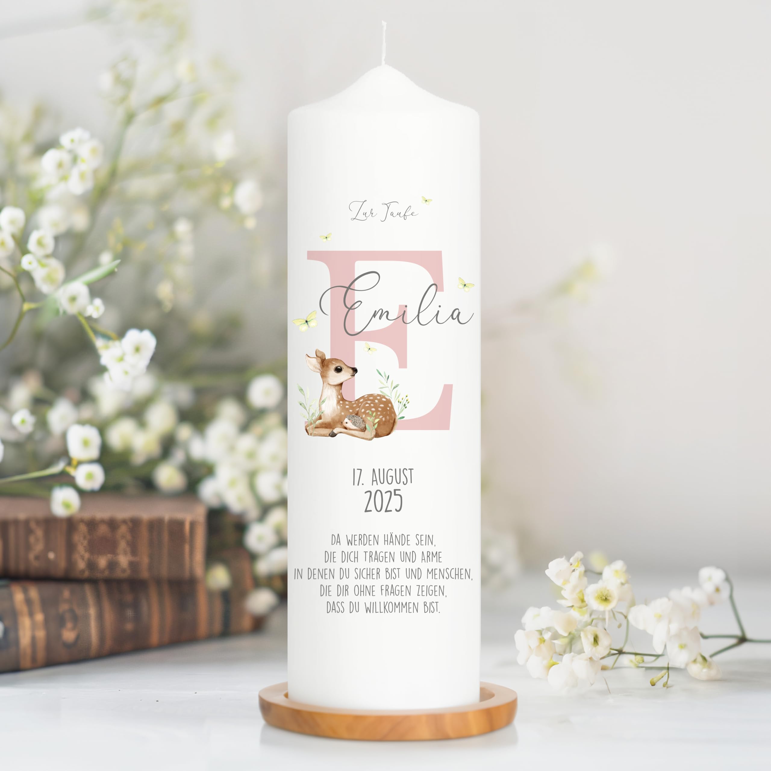 Wandtattoo Loft Taufkerze Junge Mädchen bedruckt personalisierter Buchstabe Reh Rehkitz Kerze zur Taufe Geburtstag Geschenk/Mädchen/Taufkerze 25 x 7 cm