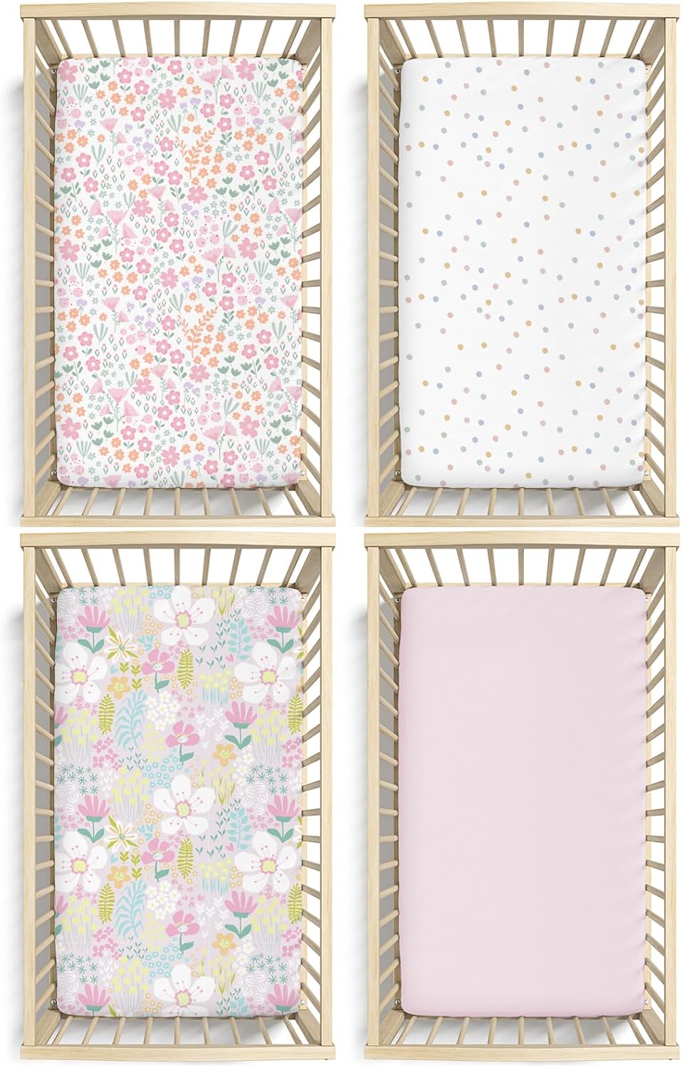 Little Grape Land Crib Sheets Baby Toddler Sheets 4 Pack Fitted for Boys Girls, Standard Size 28x52‘’ Crib Mattress, Super Soft Breathable Washable Microfiber (Floral/Blossom/Dots/Blush Pink) - Image 6
