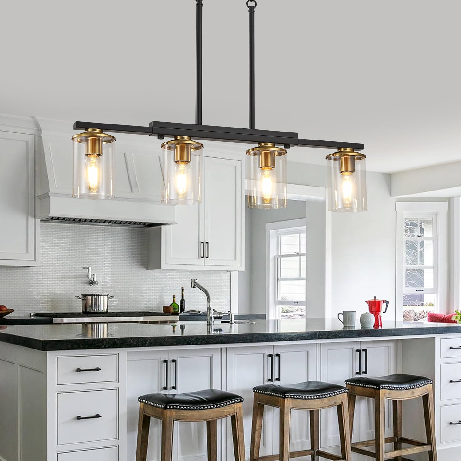 4-Light Kitchen Island Lighting,Dining Room Lights Modern Farmhouse Chandelier with Clear Glass Shade,Modern Rustic Black and Gold Metal Chandelier, Kitchen Pendant Light Fixtures Over Table