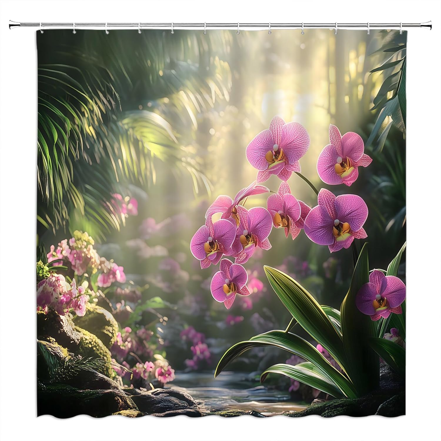 Rainforest Floral Shower Curtain Pink Flower Green Palm Leaf Forest Tropical Jungle Nature Scenery Landscape 70" Wx84 H Fabric Bathroom Decor Curtain with Hooks