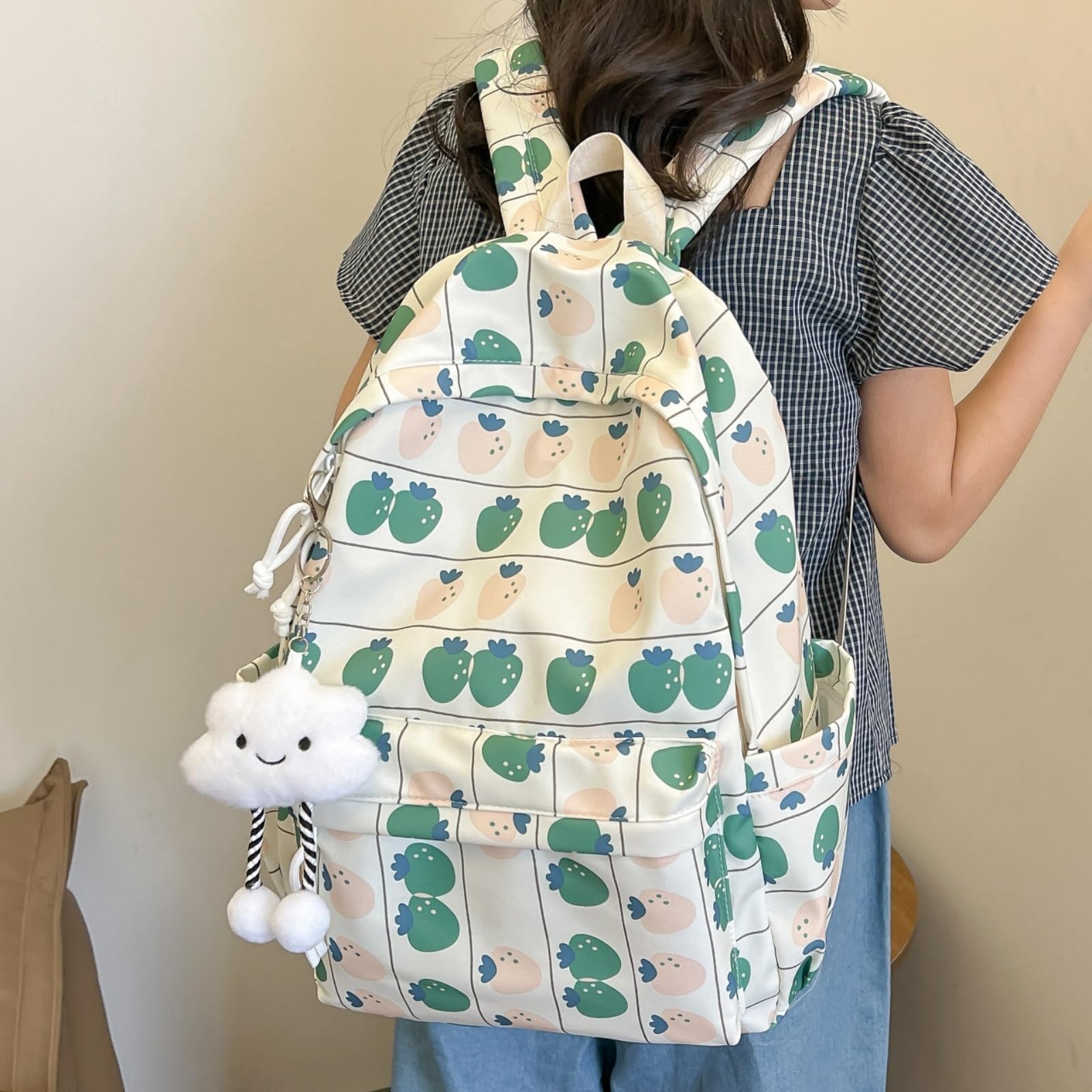 Zaino Fresco Florale Stampa Zaino, Borsa A Spalla di Viaggio Scolastico Casual Grande capacità per Ragazze E Donne-Green with Pendant