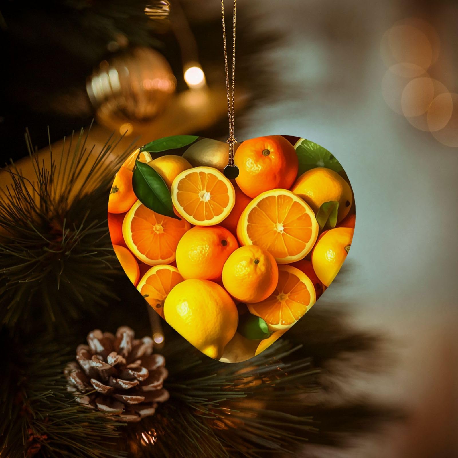 Christmas Tree Ornaments Ceramics Christmas Decorations Oranges and Lemons Ornaments with Gold Ribbon Porcelain Xmas Tree Crafts Heart Shape Hanging Pendant for Christmas Tree Party Decor