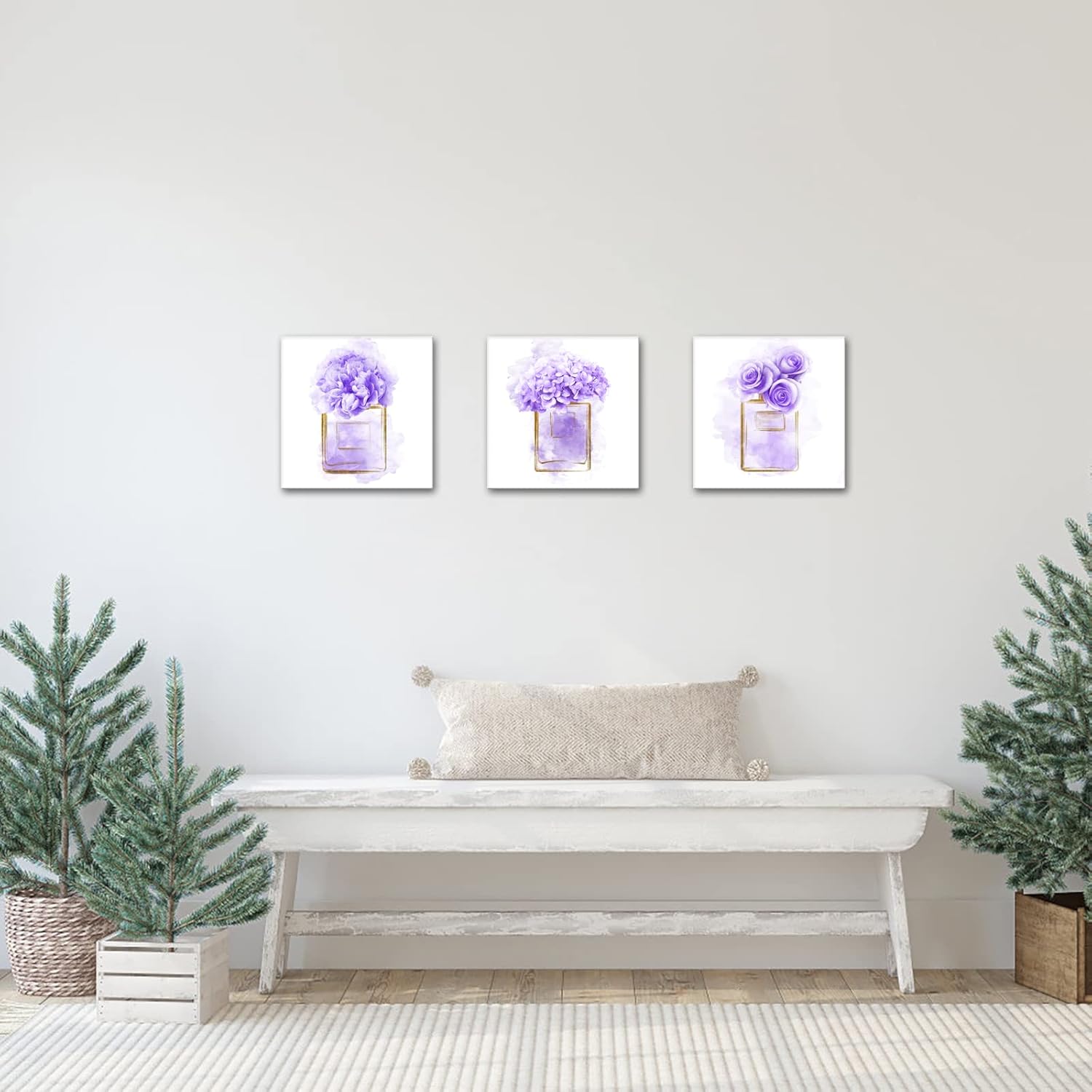 HOMEOART Purple Wall Art Purple Flower in Perfume Bottle Painting Bathroom Decor, Framed Canvas Wall Art Ready to Hang 12x12inchx3 Pieces