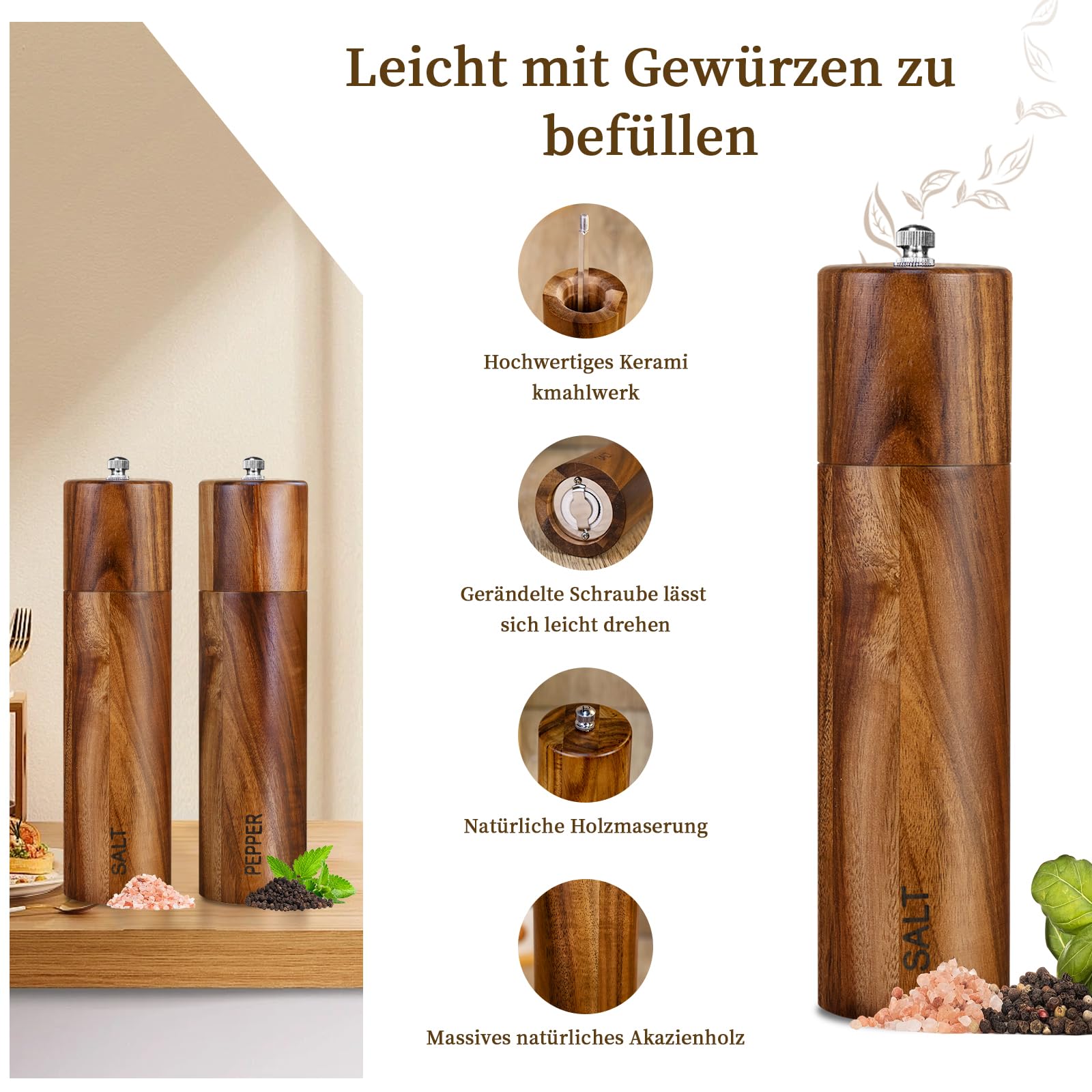 Binhai houten pepermolenset, zout- en pepermolen, handmatige molen, stevig met sterke verstelbare keramische maalbladen, 2 stuks, 20,3 cm Binhai houten pepermolenset, zout- en pepermolen, handmatige molen, stevig met sterke verstelbare keramische maalbladen, 2 stuks, 20,3 cm