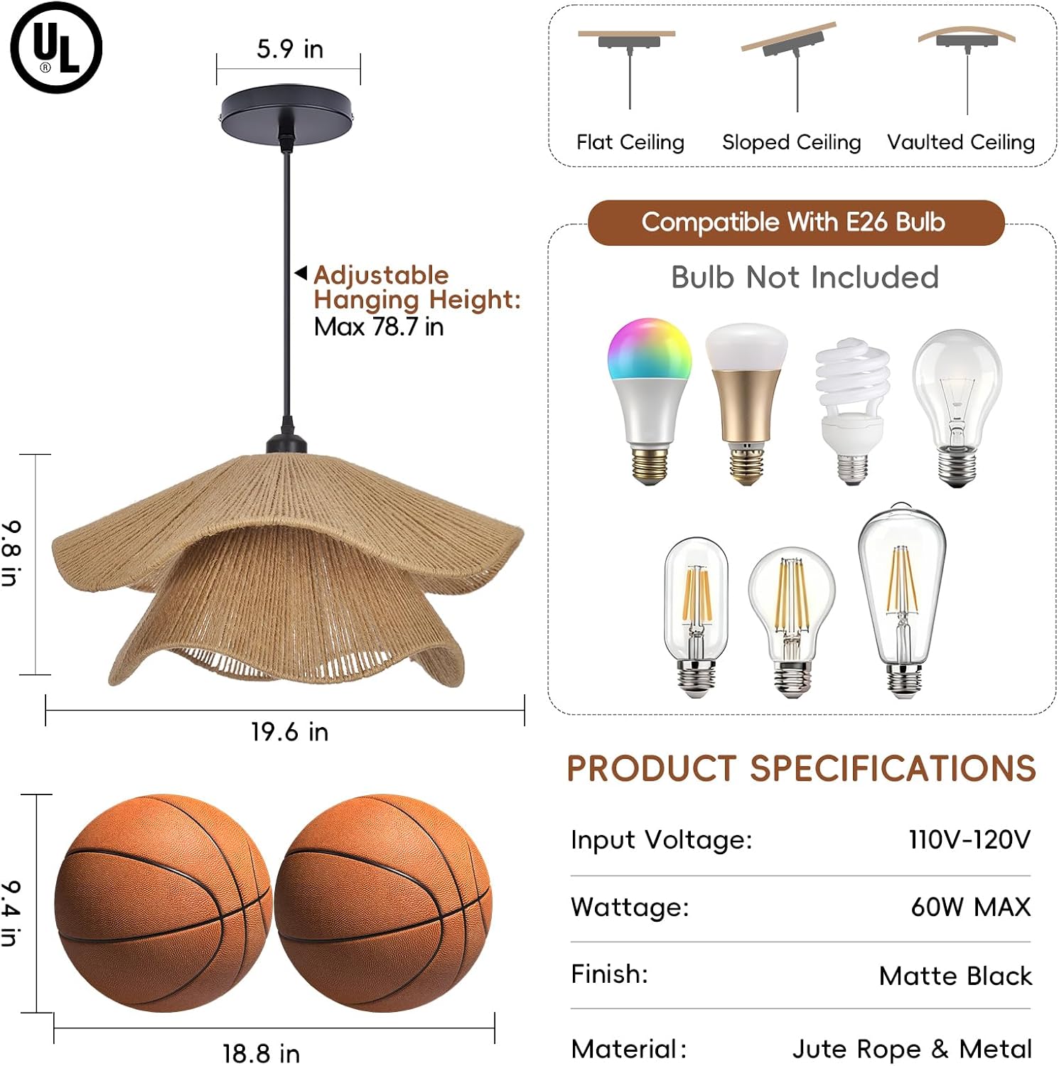 Littleglovo 19.6" Pendant Lights Kitchen Island, Boho Jute Rope Hand Woven Hanging Light Fixture, 1-Light Wicker Coastal Rustic Farmhouse Chandelier for Dining Room Bedroom Living Room Entryway Foyer