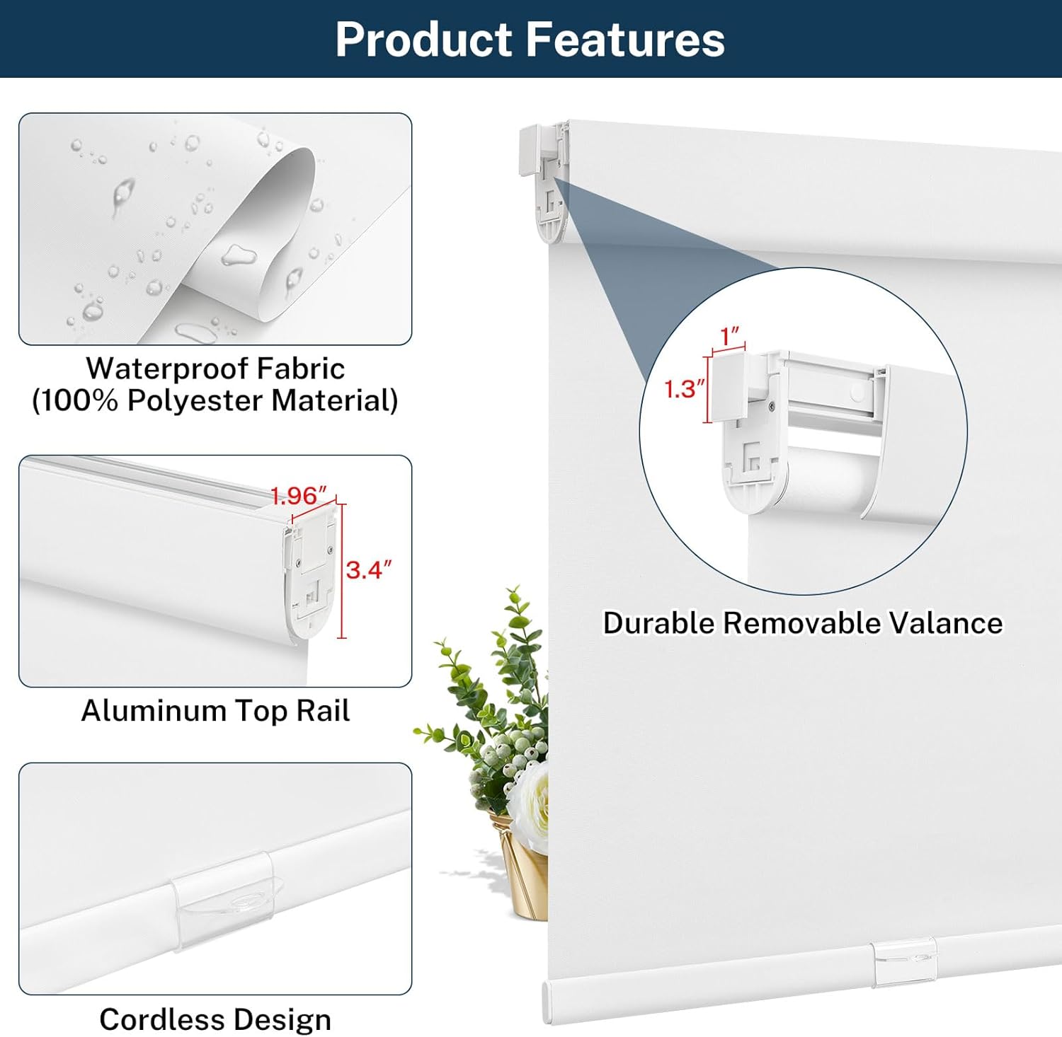 No Drill Cordless Roller Shades No Tools 100% Blackout Roller Windows Blinds Privacy Waterproof Blinds Thermal Insulated Tension Shades for Home Office(White, Custom Size)