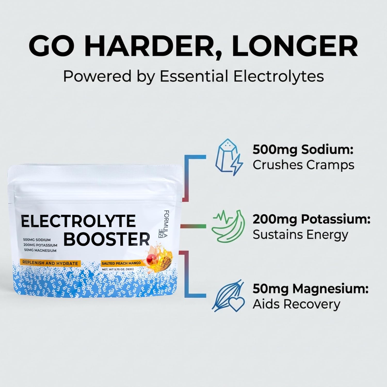 Electrolyte Booster Salted Peach Mango 50 Servings for Daily Hydration, Exercise, Endurance Sports