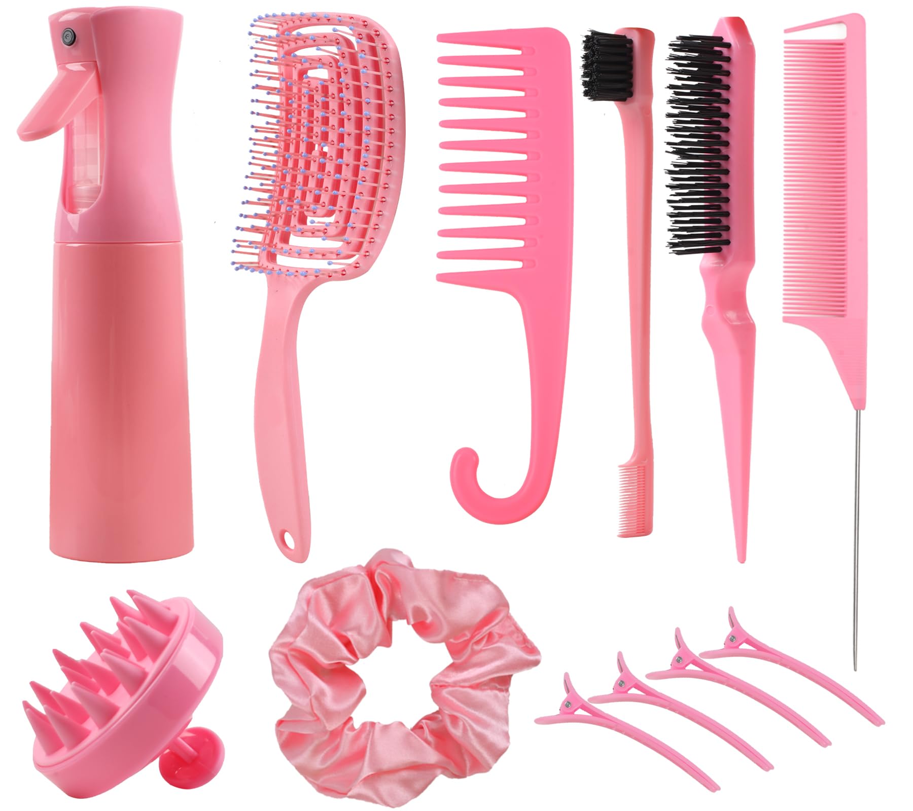 Fawyteng Hair Brush Set, 12 pcs Detangler Brush with Hair Spray Bottle, Scalp Massager for Wet Dry Curly Hair, Bristle Hair Brush Hair Comb for Women Girl (Pink, Purple)