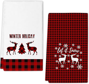 JOOCAR Red Deer Kitchen Towels Christmas Dish Towels Set of 2, 16x27 Inch Seasonal Witner Holiday Drying Dishcloth, Red Buffalo Plaid Decoration Hand Towels for Kitchen Bathroom