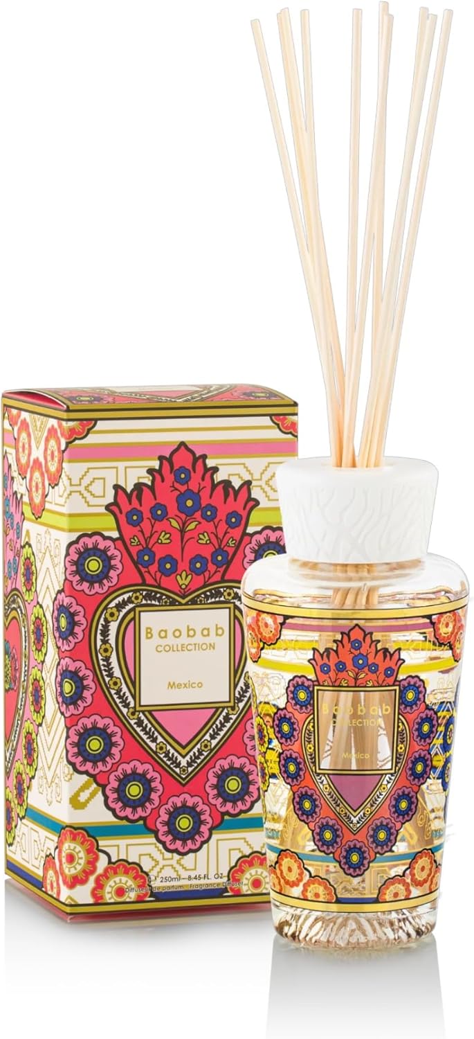 Baobab Collection Mexico Reed Diffuser Set My First, Blackcurrant Freesia Cedar Fragrance, Decorative Glass Bottle with Ex-Voto Heart Design, Home Fragrance Diffuser