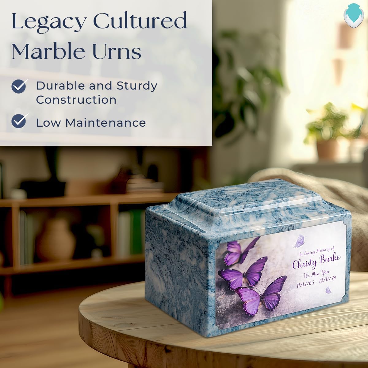GetUrns Cultured Marble Urn Vault by Mackenzie with Personalized Butterfly and Text for Human Ashes I Sky Blue Adult Urns for Male and Female I 210lbs