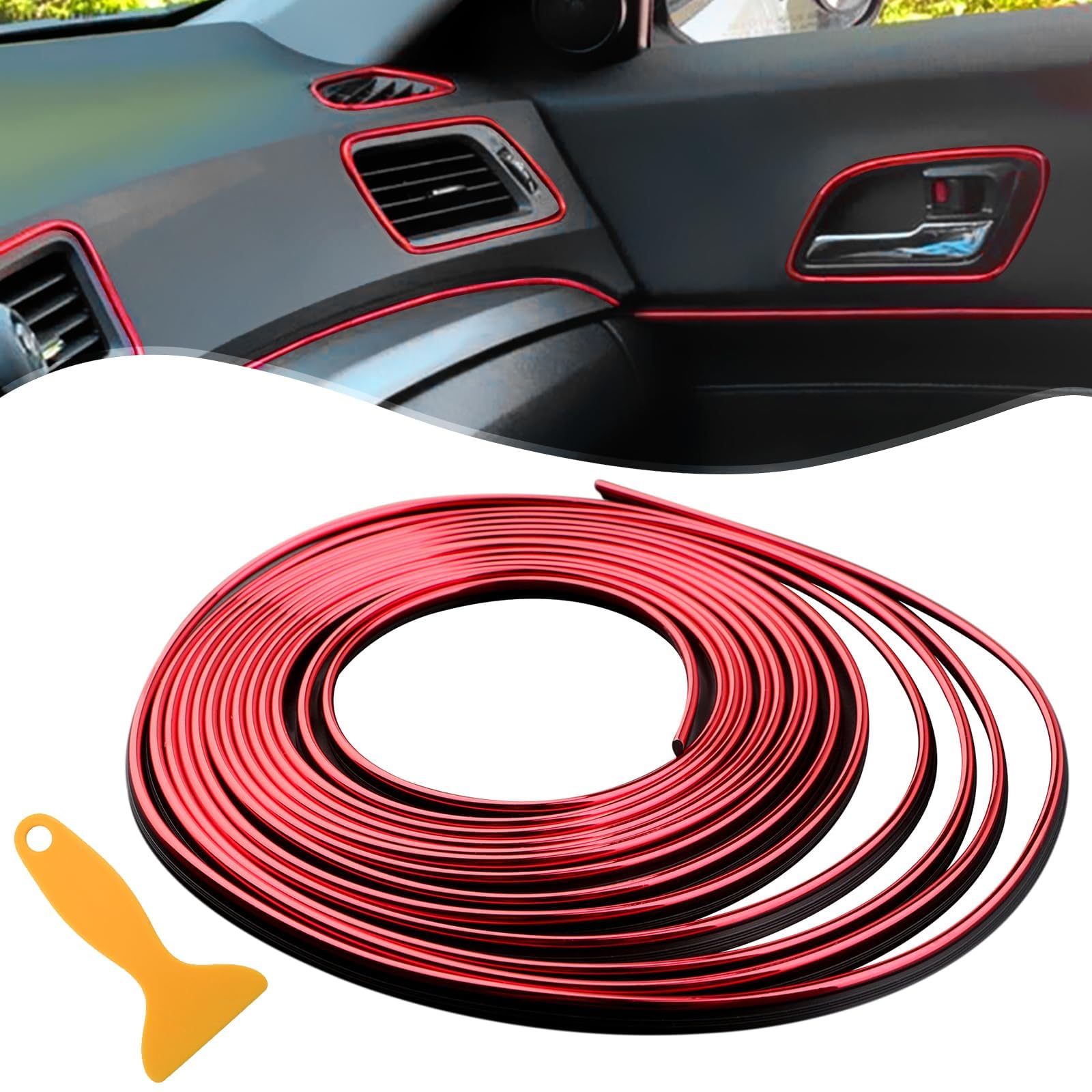 Car Interior Trim Strips-16.4ft/5M Universal Car Gap Fillers Automobile Moulding Line Decorative Accessories DIY Flexible Strip Garnish Accessory with Installing Tool (Red)