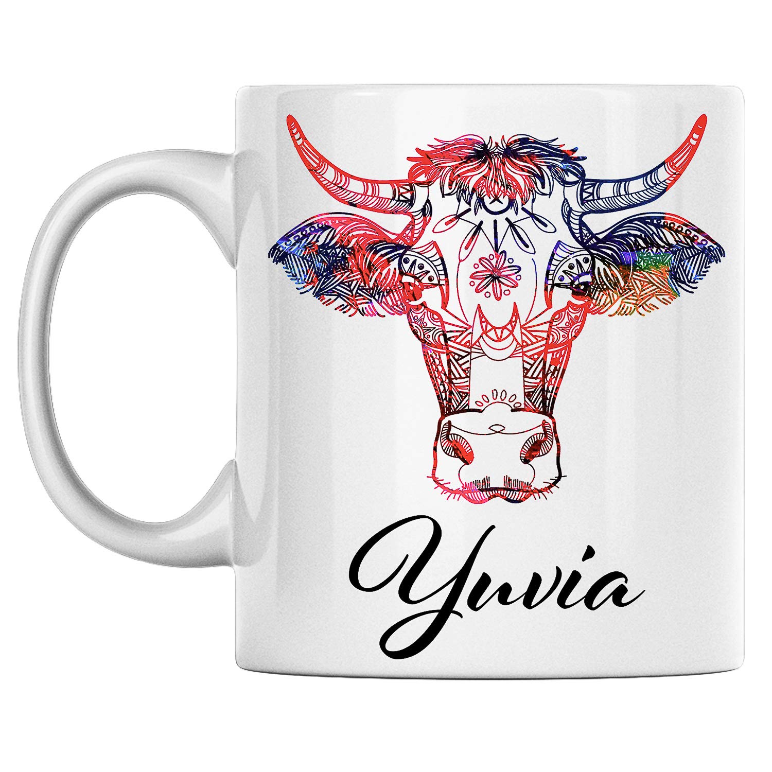 Personal Cow Mug Name Yuvia White Ceramic 11 Oz Coffee Mug Printed on Both Sides Perfect for Birthday For Him, Her, Boy, Girl, Husband, Wife, Men, and Women