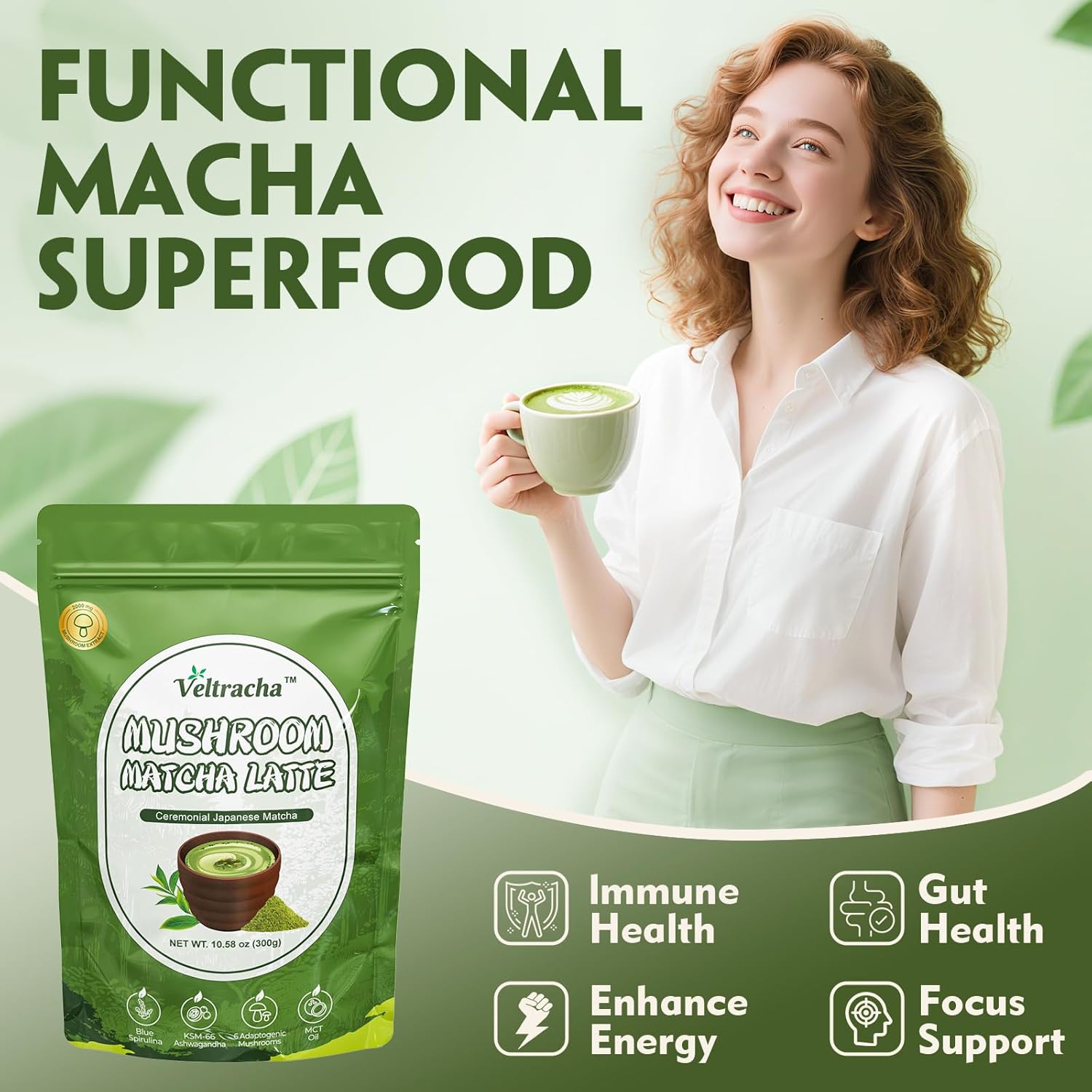 Veltracha Spirulina Mushroom Matcha, Japanese Ceremonial Grade Matcha with Ashwagandha, Adaptogenic Mushrooms Matcha Powder for Focus, Energy, Gut Health & Immunity, 10.58oz