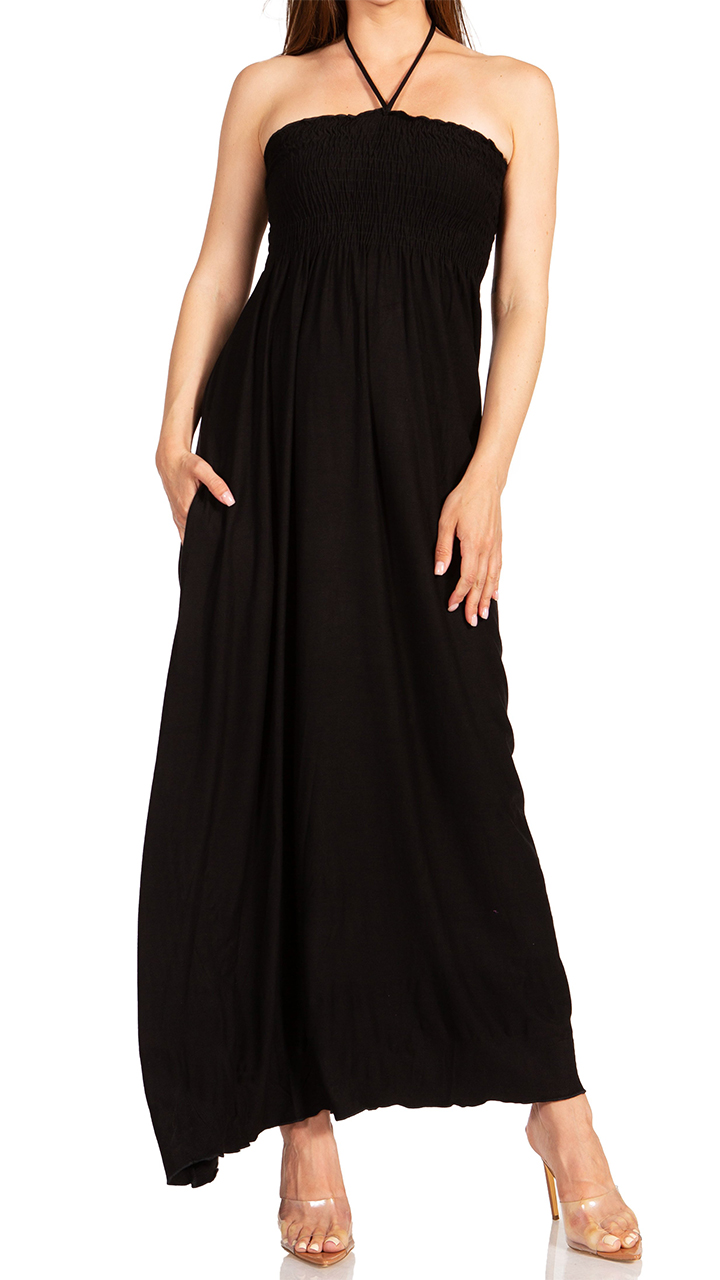 Watch Sakkas Soft Jersey Feel Solid Color Smocked Bodice String Halter Long  Dress on Amazon Live