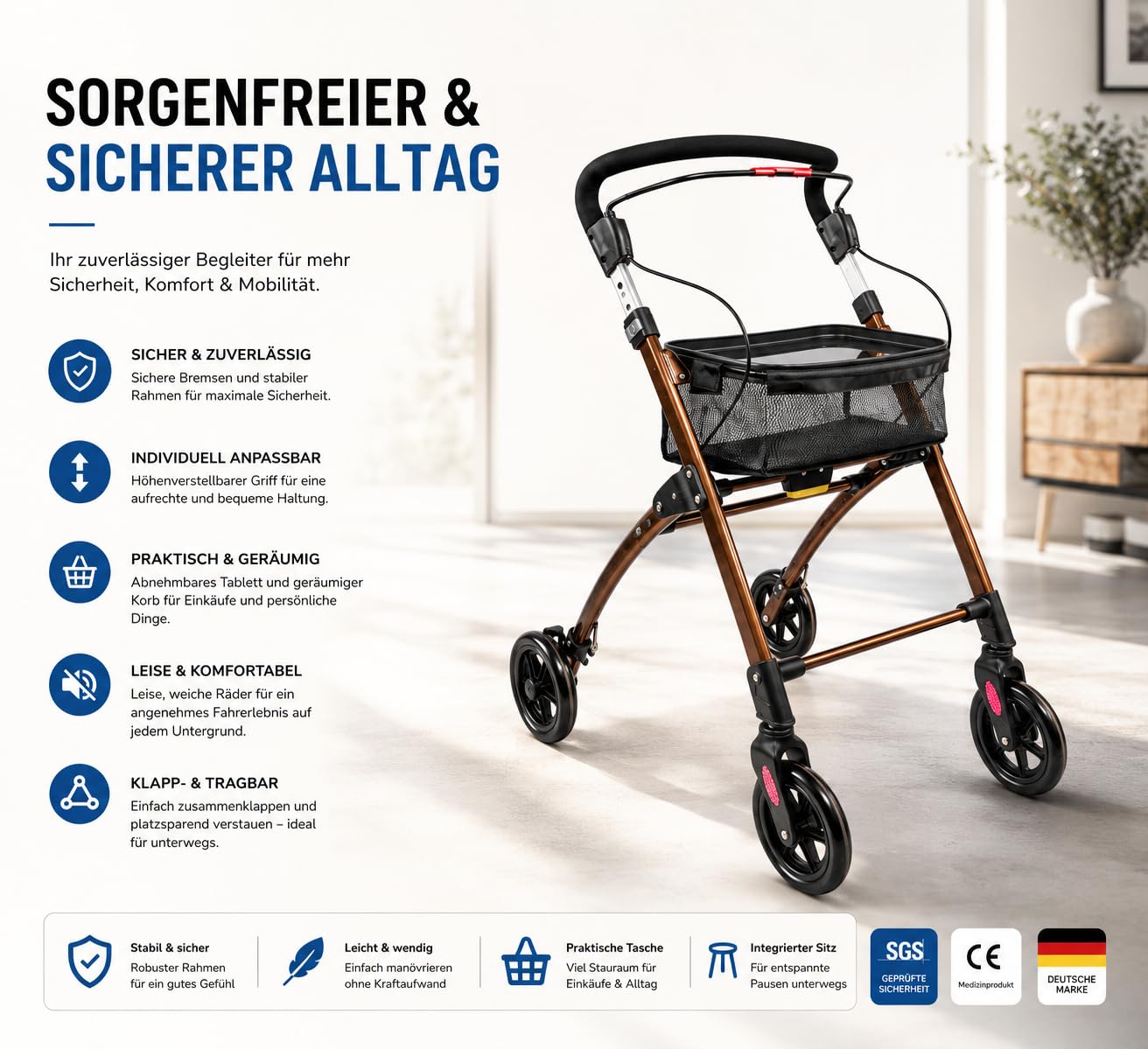 Casa Soft Braun Rollator schmal für Wohnung & Innenbereich, faltbar & leicht, 5 kg I höhenverstellbarer Wohnungsrollator von Lösch Reha I zuverlässige Gehhilfe für Senioren