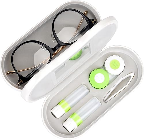 Muf Funda portátil 2 en 1 para lentes de contacto y funda para anteojos, diseño de doble uso con espejo integrado, pinzas y botella de solución para
