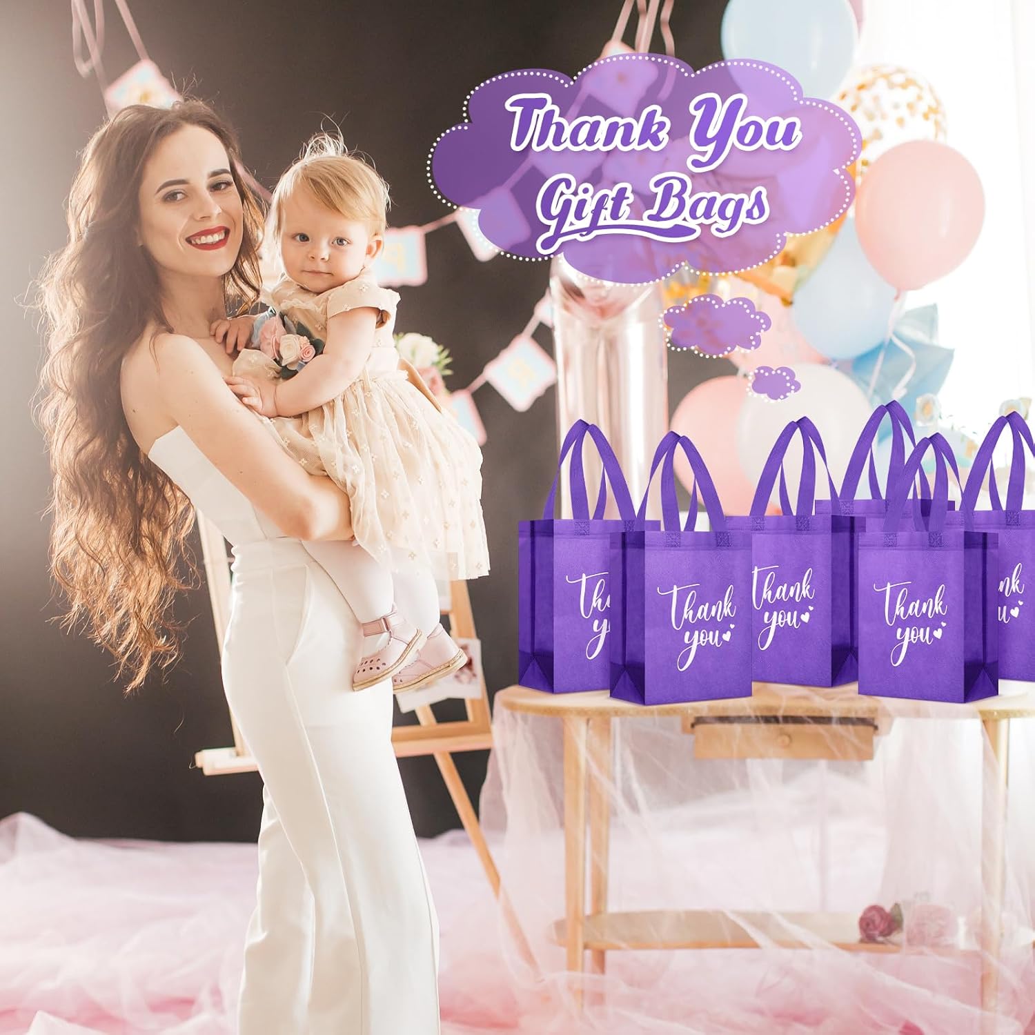 Sweetude 30 Pcs Thank You Gift Bags with Handles Bulk Reusable Goodie Bag Non Woven Foldable Handbag for Christmas Wedding Bridesmaid Gifts(10 x 8 x 4 Inch,Dark Purple) - Image 6