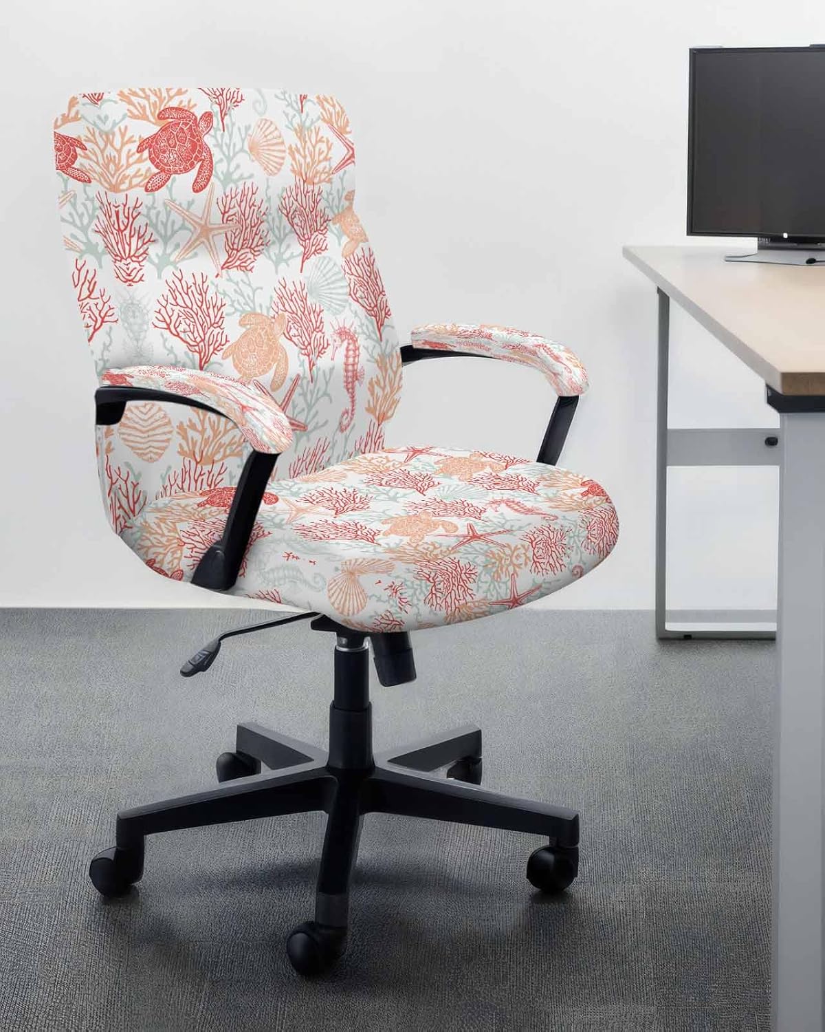 Ocean Orange Gray Office Chair Cover Stretch Computer Chair Cover Spandex Desk Rotating Boss Chair Slipcover Summer Coral Sea Turtle Seahorse Starfish Chair Protector with Armrest Cover, Small
