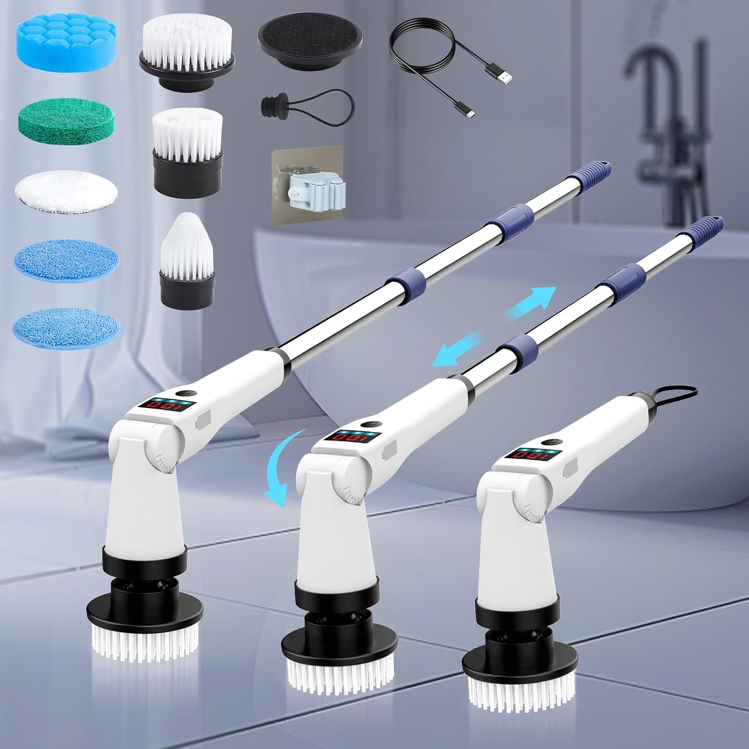 Electric Spin Scrubber, Shower Scrubber with Long Handle & 3 Speeds, 5200mAh Rechargeable Cordless Power Scrubber, Retractable & Adjustable Angle Spin Brush for Bathroom/Tub/Floor/Tile (Blue)