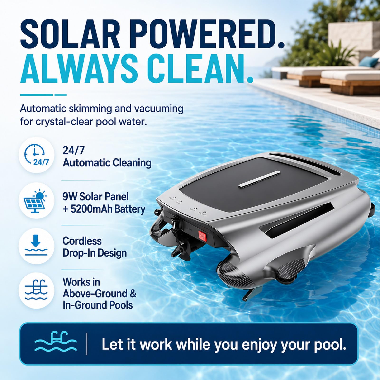 Limpiafondos Automático Inteligente Skimmer Solar Robotizado