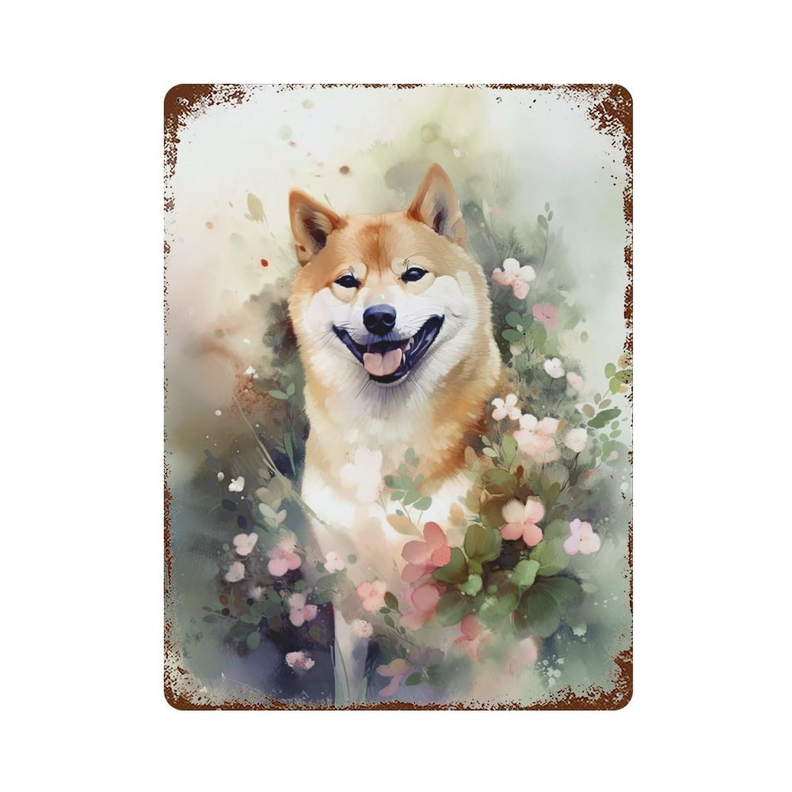 Aged Metal Wall Plaque with Shiba Inu Dog Watercolor Design 15.7"x11.8", for Garage, Bar And Workshop Decor, Rustic Home Decor