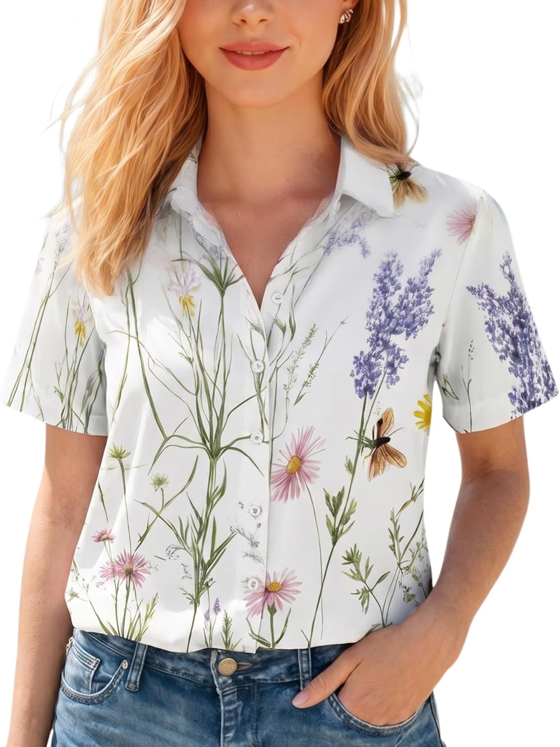 Women's Button-Down Shirt Business Lapel T-Shirt Casual Printed Blouse Loose Fit