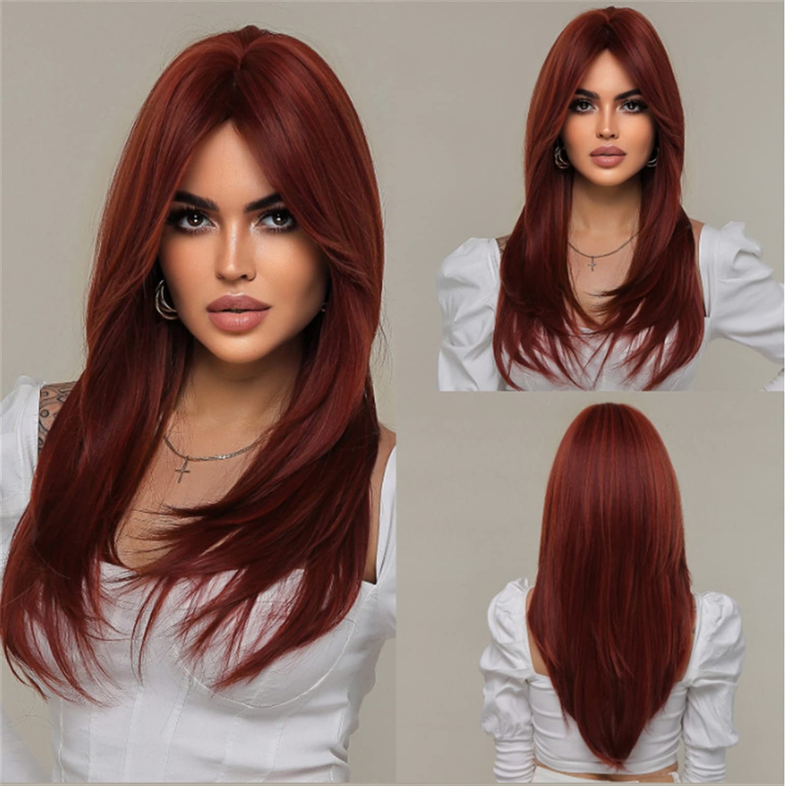 Perruque Femme Synthétique Rouge Longue Avec Frange - Monofilament - Résistante à La Chaleur - Neuf Sans étiquettes